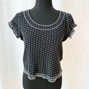 Free People Black Floral Ruffle Hem Crop Top Size S